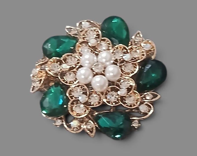 Gold filled emerald, pearl rhinestone brooch pin.