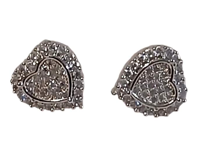 Cluster pave cz heart stud, layered white gold plate.