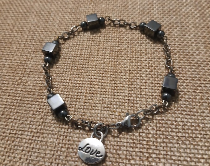 Square Hematite Bead Bracelet, Oxidized Stainless Steel
