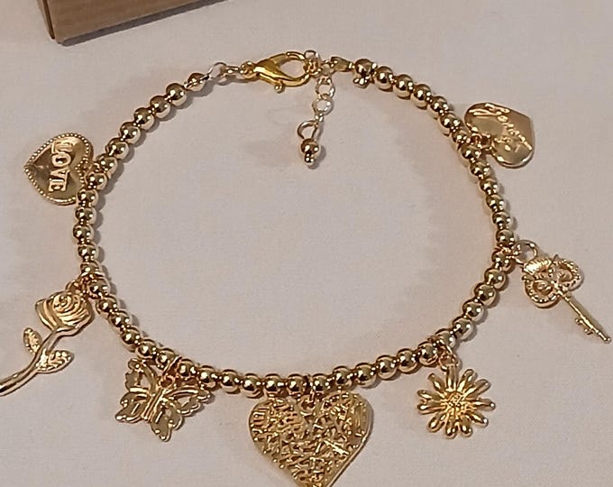 Valentine Charm Bracelet: Gold Beads, Heart, Rose