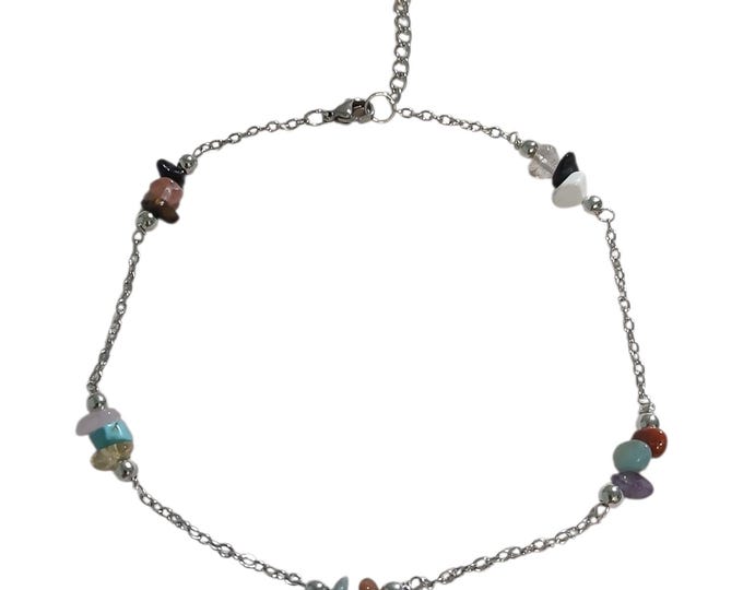 Multicolor Gemstone Anklet, Stainless Steel Cup Chain.