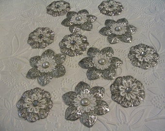 12 Layered Silver Filigree Embellishments for  Scrapbook Jewelry Craft Supplies