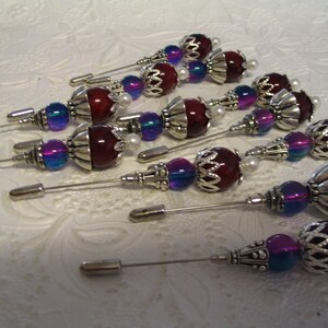 12 Dark Cranberry Beaded Stick Pins for Jewelry Making Craft Creations Embellishments image 2