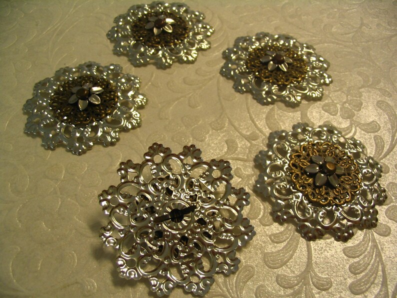 5 Silver Layered Filigree Metal Embellishments Scrapbook Etsy