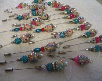 26 Pink and Turquoise Beaded Stick Pins for Jewelry Making Craft Creations Embellishments