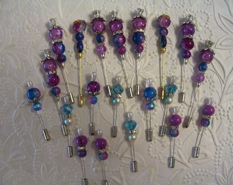 20 Dark Pink and Blue Beaded Stick Pins for Jewelry Making Craft Creations Embellishments