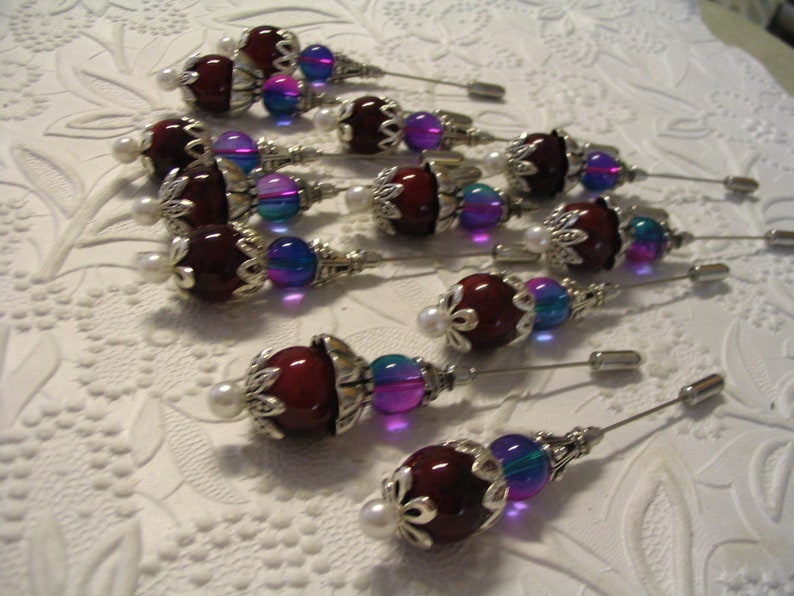 12 Dark Cranberry Beaded Stick Pins for Jewelry Making Craft Creations Embellishments image 3