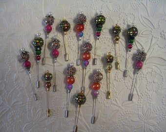 16 Pink and Blue Beaded Stick Pins for Jewelry Making Craft Creations Embellishments