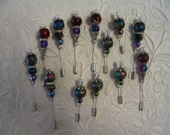 12 Cranberry and Green Beaded Stick Pins for Jewelry Making Craft Creations Embellishments