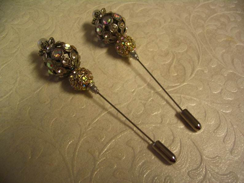 2 Beaded Rhinestone Stick Pins for Jewelry Making Craft Creations Embellishments
