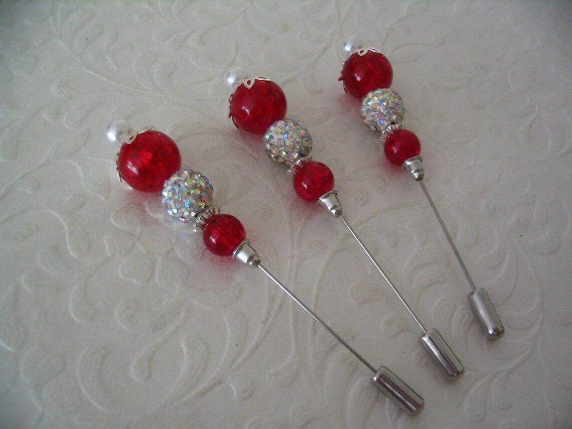 3 Ruby Beaded Stick Pins for Jewelry Making Craft Creations Etsy