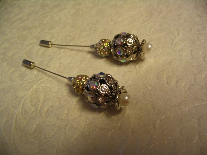 2 Beaded Rhinestone Stick Pins for Jewelry Making Craft Creations Embellishments