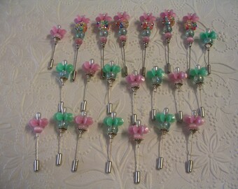 22 Pink and Green Beaded Stick Pins for Jewelry Making Craft Creations Embellishments