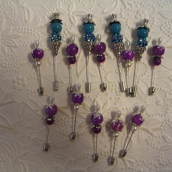 15 Pink and Blue Beaded Stick Pins for Jewelry Making Craft Creations Embellishments