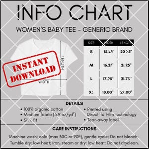 Women's Baby Tee Infographic - Generic Brand - Size Chart - Product Info - Care Instructions - Digital Download - Non-editable