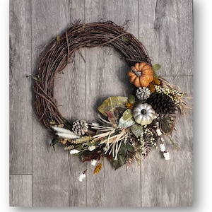 Woodland Harvest Wreath with Mini Pumpkins and Pinecones - Perfect for Fall Door Decor, Rustic, Boho,Farmhouse Decor