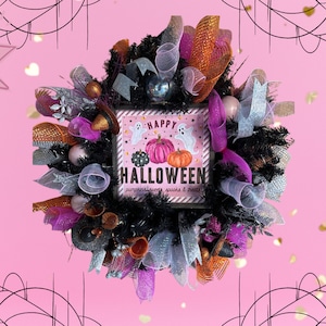 Halloween Wreath for Front Door – Pink, Orange, Black & White Mesh Ribbon, BOO Sign, Breast Cancer Awareness, Fall Glitter Spooky Wreath