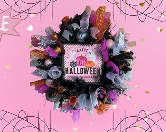 Halloween Wreath for Front Door – Pink, Orange, Black & White Mesh Ribbon, BOO Sign, Breast Cancer Awareness, Fall Glitter Spooky Wreath