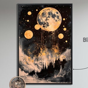 Golden Moon and Stars Over Dark Forest Framed Canvas Wall Art Celestial Night Sky Painting Print Abstract Landscape Wall Decor Ready to Hang