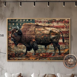 May include: A rustic wooden sign with a distressed American flag design featuring a brown bison. The sign is framed in white oak and has the text "Framed Wall Art Store" in a circular logo.