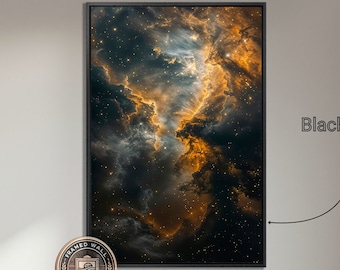 Dark Gold Nebula Framed Canvas Wall Art Abstract Cosmic Galaxy Clouds Print Deep Space Home and Office Decor Universe Artwork Ready to Hang