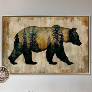 Lienzo enmarcado con silueta de oso rústico, arte de pared, paisaje forestal, pintura con forma de oso, impresión abstracta, decoración de pared de vida salvaje, listo para colgar