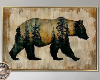 Rustic Bear Silhouette Framed Canvas Wall Art Forest Landscape Within Bears Shape Painting Print Abstract Wildlife Wall Decor Ready to Hang