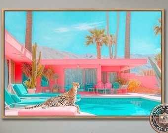 Cheetah by the Pool Framed Canvas Wall Art Palm Springs Pink House Print Mid Century Modern Wall Decor Large Chic Retro Poster Ready to Hang