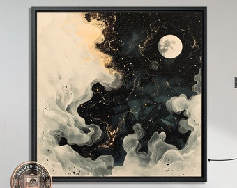 Full Moon and Stars Amidst Swirling Clouds Framed Canvas Wall Art Celestial Abstract Framed Print Cloudy Night Sky Wall Decor Ready to Hang