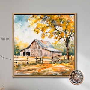 Lienzo enmarcado de granero rústico, arte de pared, paisaje rural de otoño, pintura de acuarela, impresión, decoración de pared de granja, póster cuadrado grande listo para colgar