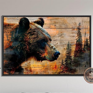 Retrato intenso de oso en lienzo enmarcado estilo madera, arte de pared, pintura abstracta de vida silvestre, bosque, impresión rústica, decoración de pared de granja, lista para colgar