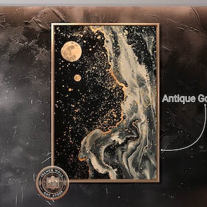 Lienzo enmarcado con paisaje lunar místico, arte de pared, pintura abstracta espacial, impresión de arte de pared celestial estrellado, obra de arte vertical moderna lista para colgar