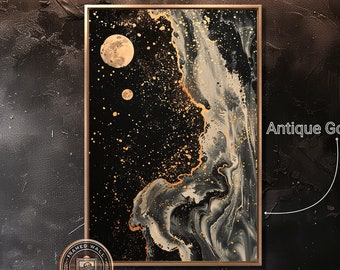 Mystical Moonscape Framed Canvas Wall Art Abstract Space Painting Print Starry Celestial Wall Decor Modern Vertical Artwork Ready to Hang
