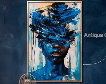 Abstract Blue Face Framed Canvas Wall Art Black Woman Portrait Painting Print Bold Modern Wall Decor Large Vertical Poster Ready to Hang