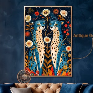 Whimsical Blue Cheetah Framed Canvas Wall Art Floral Cheetahs Painting Print Vibrant Animal Wall Decor Colorful Exotic Poster Ready to Hang