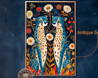 May include: Two blue cheetahs with black spots stand in a field of colorful flowers. The background is a dark blue with white stars. The image is framed in antique gold.