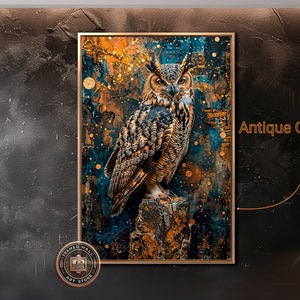 Lienzo enmarcado con diseño de búho majestuoso, ave rapaz con fondo abstracto, pintura impresa, rapaz nocturna, decoración de pared vertical, lista para colgar