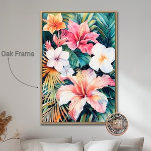 Vibrant Tropical Flowers Framed Canvas Wall Art Hibiscus Painting Print Large Botanical Wall Decor Exotic Floral Beauty Poster Ready to Hang