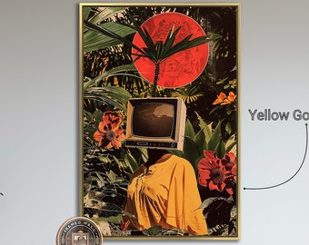 Surreal TV Head Woman Framed Canvas Wall Art Retro Futuristic Art Print Large Vintage Wall Decor Abstract Botanical Poster Ready to Hang