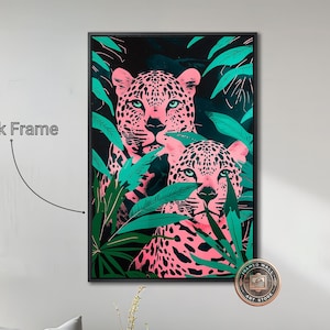 Lienzo enmarcado con estampado de leopardos de la jungla vibrante, arte de pared, pintura de leopardo rosa, decoración de pared con vida salvaje tropical, póster grande de gatos salvajes listo para colgar