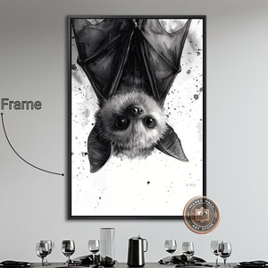 Adorable Bat Framed Canvas Wall Art Cute Nocturnal Animal Painting Print Black and White Nursery Wall Decor Vertical Poster Ready to Hang