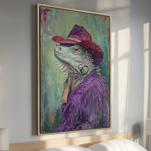 Exotic Surreal Iguana Cowboy - Vibrant Framed Canvas Print, Trendy Colorful Reptile Wall Art, Stylish Lizard Decor for Gift, Ready to Hang