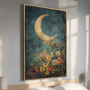 Framed Canvas Print - Crescent Moon and Floral Art, Vintage Style Canvas Wall Art, Botanical Print - Celestial Romantic Decor, Ready to Hang