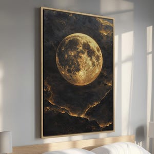Mystical Gold Full Moon - Framed Canvas Print, Abstract Night Sky Canvas Wall Art, Celestial Painting Print - Enchanted Decor, Ready to Hang