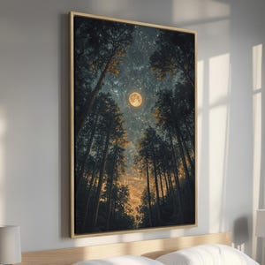 Mystical Forest Framed Canvas Print - Enchanted Trees, Starry Sky and Phases of the Moon, Serene Nature Canvas Art Wall Decor, Ready to Hang