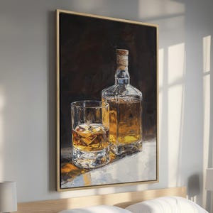 Framed Canvas Print - Whiskey Bottle and Glass, Alcohol Drink Canvas Wall Art, Stylish Art Decor - Perfect Gift for Bar Room, Ready to Hang