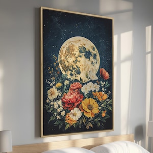 Dreamy Floral Full Moon - Framed Canvas Print, Starry Night Sky Canvas Wall Art, Mystical Celestial with Flower Bouquet Decor, Ready to Hang