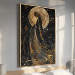 Mystical Woman Goddess with Full Moon - Starry Night Framed Canvas Print, Fantasy Lunar Canvas Wall Art - Celestial Decor, Ready to Hang