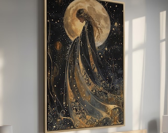 Mystical Woman Goddess with Full Moon - Starry Night Framed Canvas Print, Fantasy Lunar Canvas Wall Art - Celestial Decor, Ready to Hang