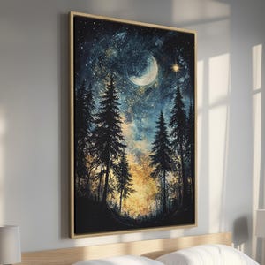 Mystical Forest Landscape - Celestial Framed Canvas Print, Starry Night Canvas Wall Art, Enchanted Nature Scene Wall Decor, Ready to Hang